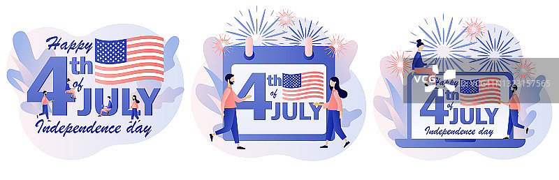 7月4日。小人庆祝美国独立日。七月四日快乐。现代平面卡通风格。矢量插图上的白色背景图片素材