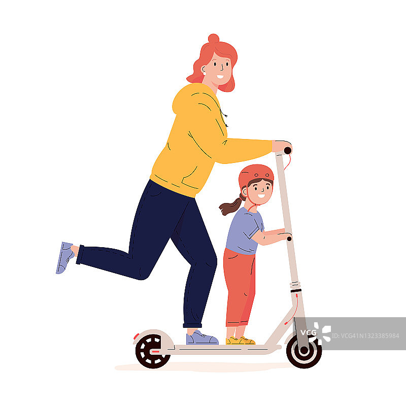 年轻活泼的女人带着孩子骑着踏板车图片素材