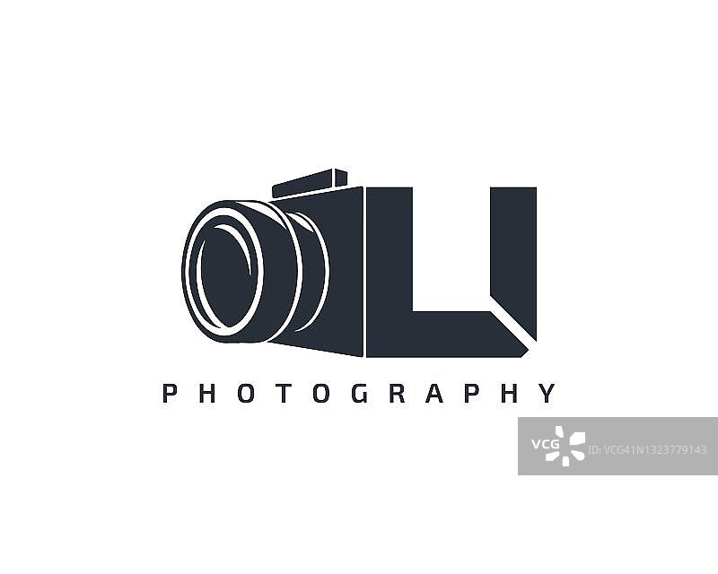 字母U摄像机logo模板。相机标志图标在白色的背景。时尚的设计标志相机。图片素材
