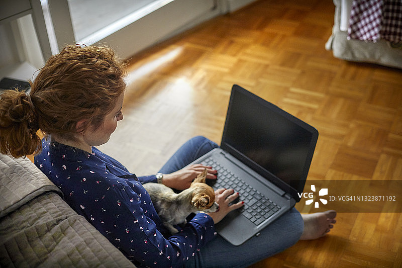 红发女人带着狗坐在家里的地板上用笔记本电脑图片素材