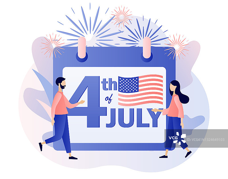 七月四日快乐!7月4日。小人庆祝美国独立日。现代平面卡通风格。矢量插图上的白色背景图片素材