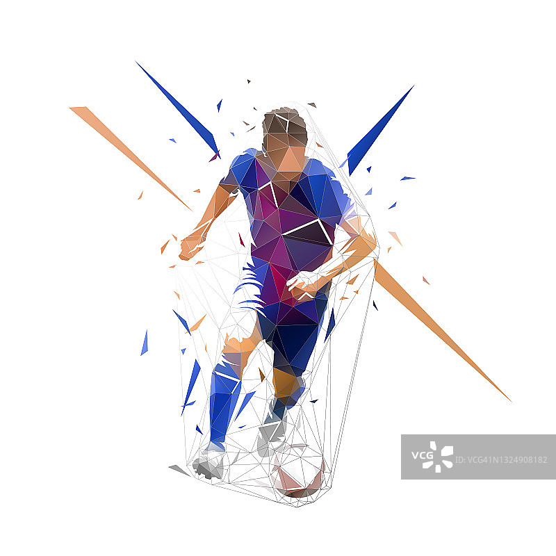 足球运动员在深蓝色的运动衫运行与球，抽象低多边形矢量绘图。足球运动员在踢球。孤立的几何彩色插图，正面视图图片素材