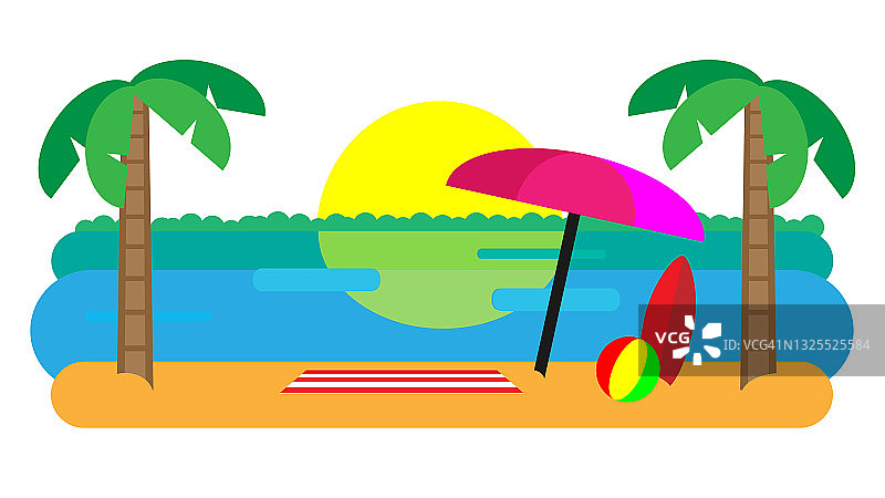 海滩景观与海滩伞，垫子，冲浪板和一个球。图片素材