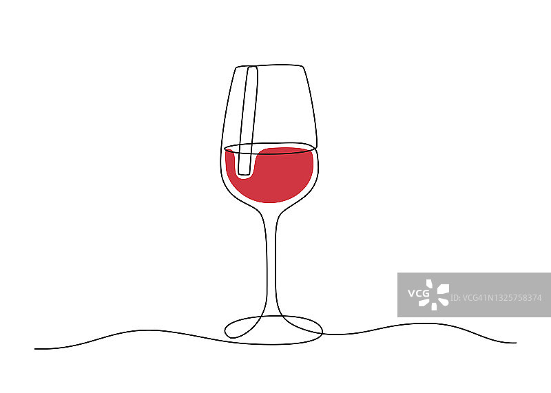 连续的一条线画的酒杯。红色饮料杯在涂鸦风格。可编辑的中风。黑白矢量插图图片素材