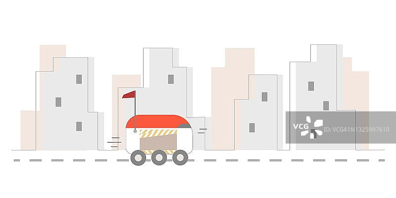 自动驾驶送货机器人在城市街道上有序移动。时髦的矢量插图横幅图片素材