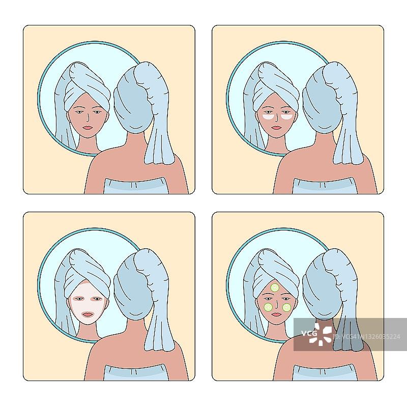 镜中映出一个头上戴着毛巾的女人。化妆贴片，面膜和脸上的黄瓜，在家自我护理的选择。图片素材