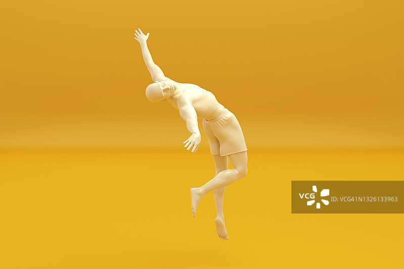 黄色背景下的男子跳跃的三维渲染图片素材