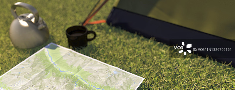 使用地图计划一天，而露营在一个夏天的一天3D渲染图片素材