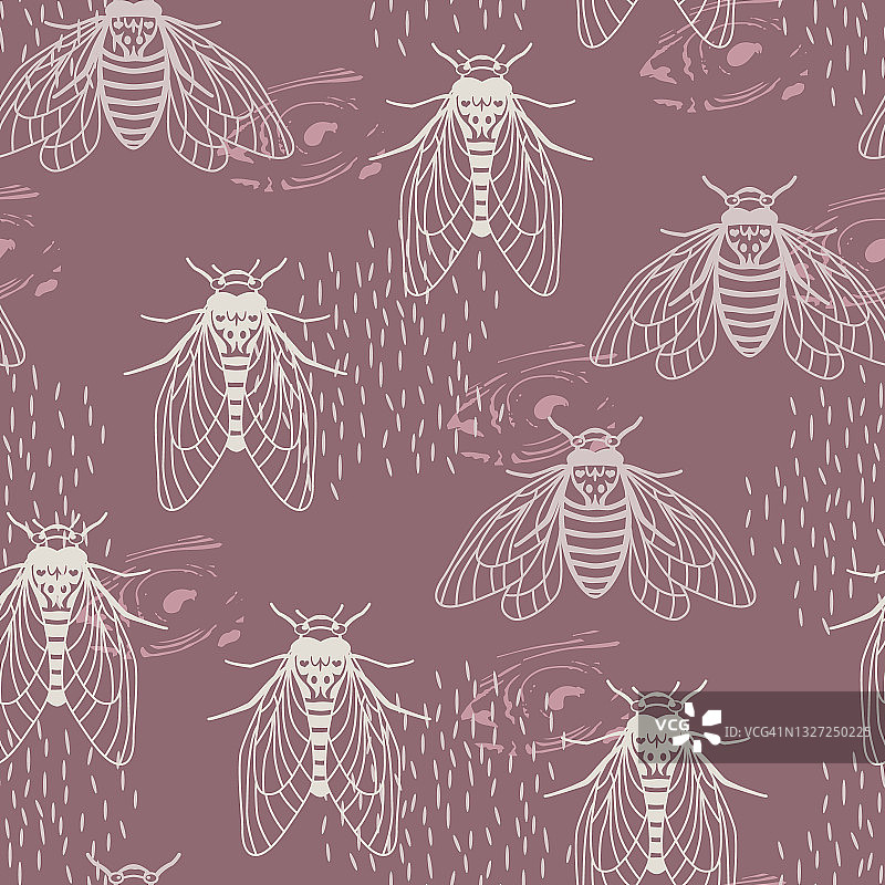 无缝模式与飞行蝉和抽象元素。趋势背景，线性风格，昆虫剪影-苍蝇，蝴蝶，蝉，蜜蜂。时尚的动物图案。矢量插图。图片素材