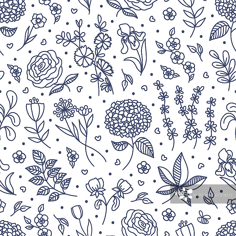 轮廓向量蓝色春天花和叶涂鸦无缝图案。手绘花园植物。花的背景设计时尚印花图片素材