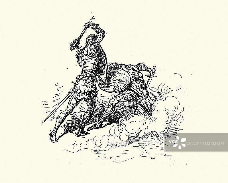 两名身穿盔甲的骑士在一场战斗中搏斗图片素材