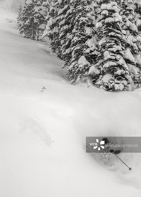偏远地区的滑雪者在厚厚的粉雪中下降图片素材