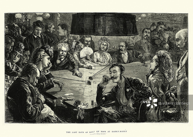 人们在赌场赌博，红色和黑色，赌博纸牌游戏，维多利亚19世纪图片素材