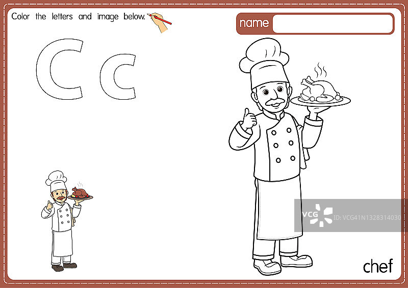 矢量插图的儿童字母着色书页与概述剪贴画，以颜色。字母C代表Chef。图片素材