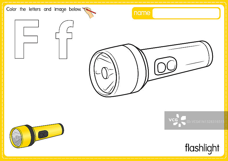 矢量插图的儿童字母着色书页与概述剪贴画，以颜色。字母F代表手电筒。图片素材