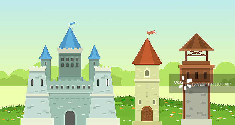 中世纪城堡塔。童话般的中世纪塔，公主城堡，有门的防御宫殿，中世纪建筑，历史的塔房子在美丽的自然背景卡通图片素材