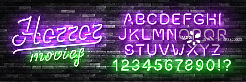 矢量现实孤立的霓虹灯标志恐怖电影标志与容易改变颜色字体字母在墙壁背景图片素材