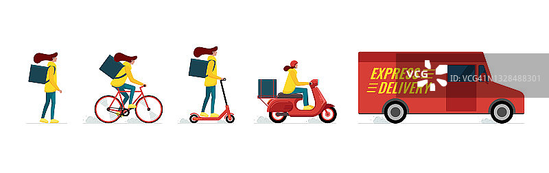 快递女性快递服务理念套装。网上快速物流女人骑自行车、电动踏板车、助力车、货车以及步行带订单的包裹箱和背包。EPS llustration图片素材