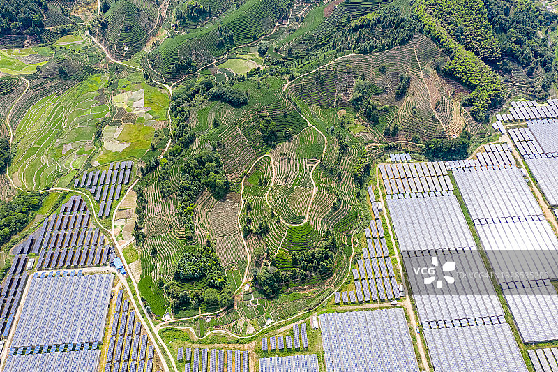 无人机视角的茶园和太阳能发电厂图片素材