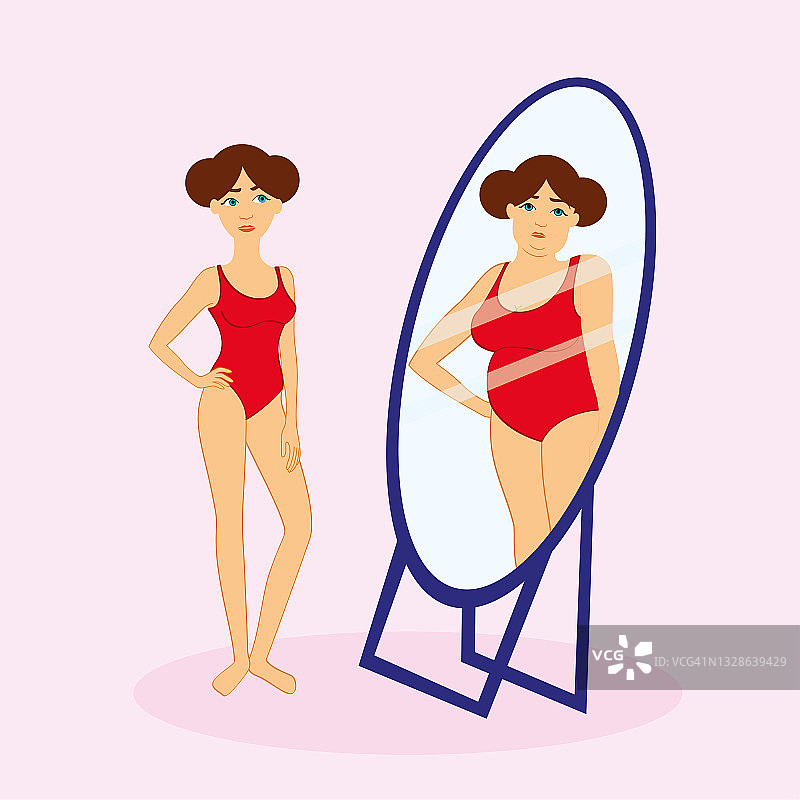 象征厌食症精神障碍或心理挫折，苗条的女人在镜子中看胖女人，矢量插图孤立在粉红色的背景。患有厌食症的年轻女性照镜子的概念。厌食症向量图片素材