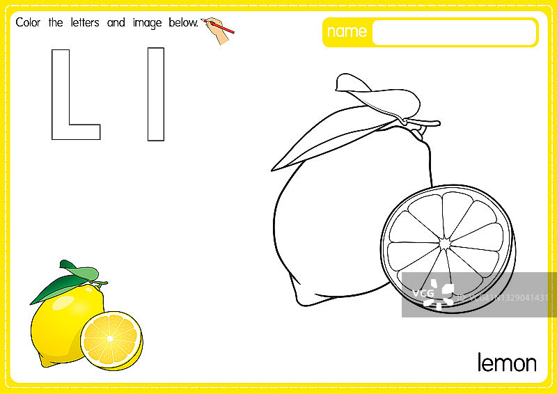矢量插图的儿童字母着色书页与概述剪贴画，以颜色。L代表柠檬图片素材