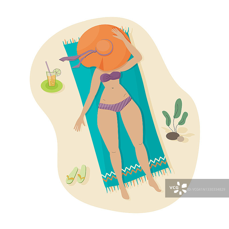 矢量插图的一个女孩在海滩上穿着泳装和帽子。夏天休息。图片素材