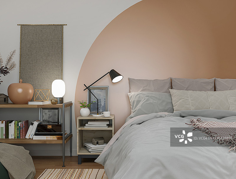 舒适的卧室与油漆拱形床头板图片素材