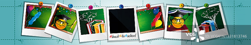 回学校!在抽象的彩色背景上的一组照片。创意海报或横幅图片素材