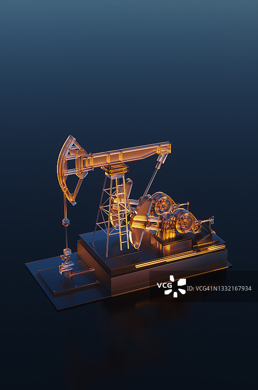 蓝色背景下的黄色玻璃油泵。化石石油提取抽油机概念的CGI插图。图片素材