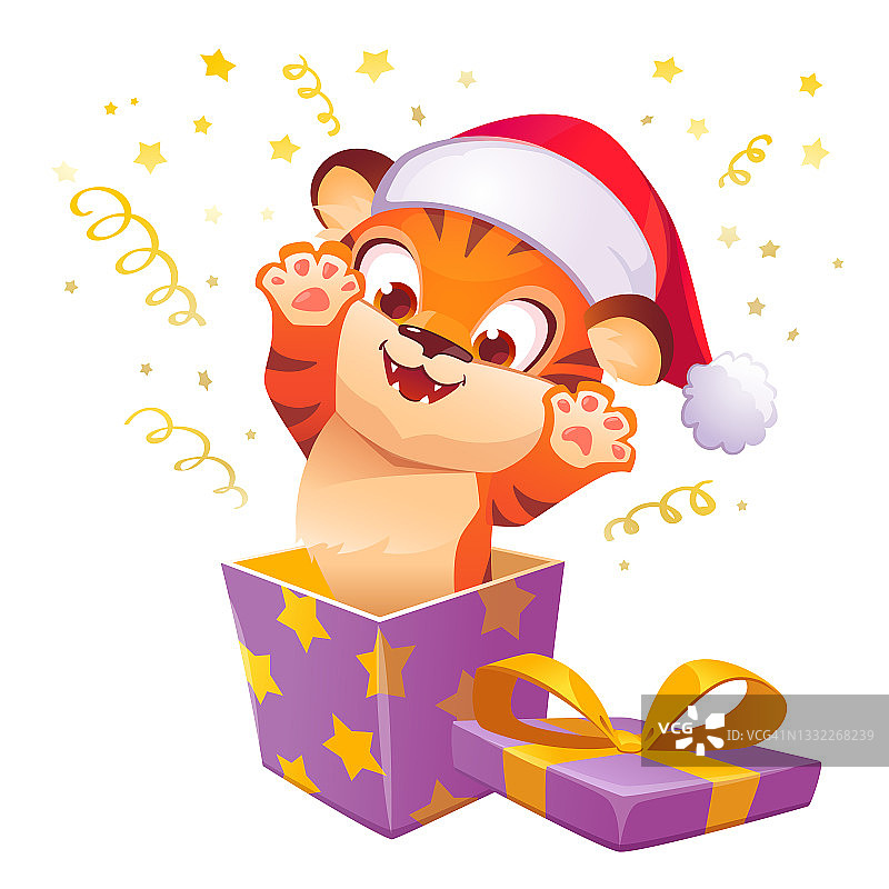 带着圣诞帽的可爱老虎的礼品盒跳了出来图片素材