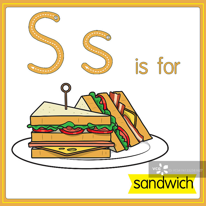矢量插图学习字母为儿童与卡通形象。字母S代表三明治。图片素材