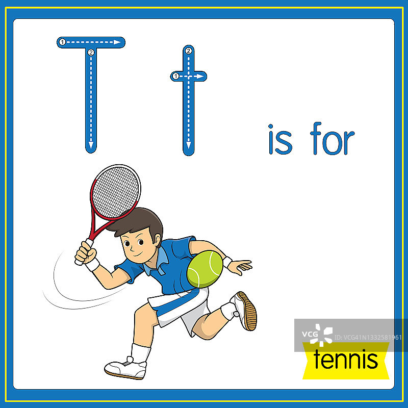 矢量插图学习字母为儿童与卡通形象。字母T代表网球。图片素材