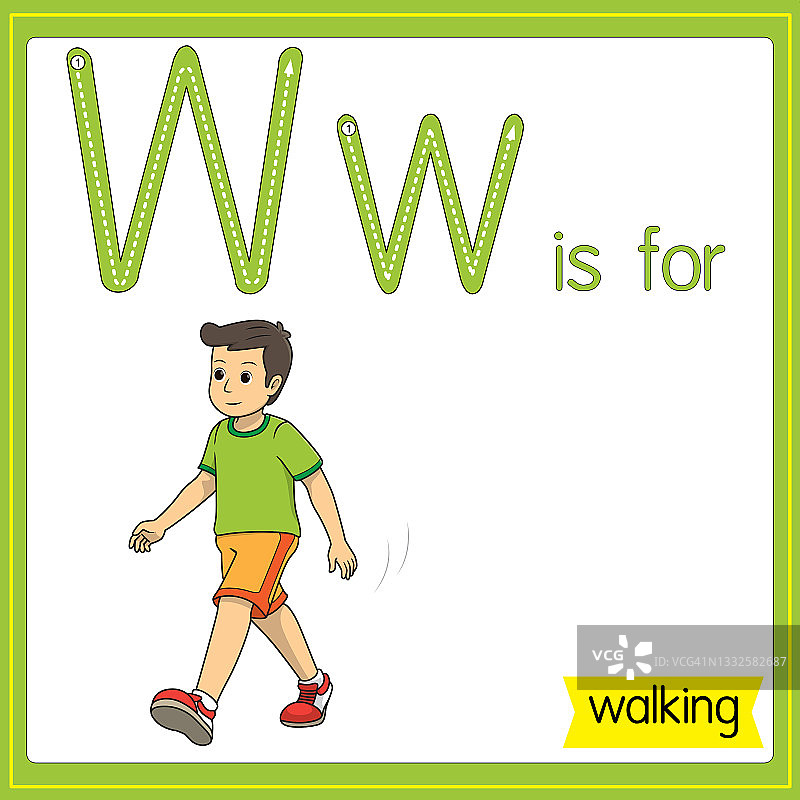 矢量插图学习字母为儿童与卡通形象。字母W代表行走。图片素材