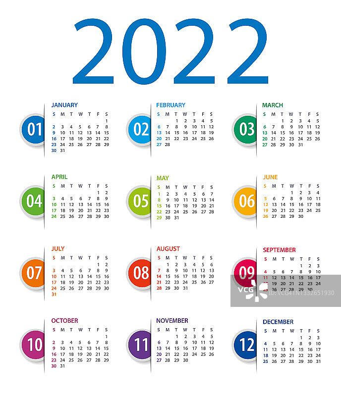 2022年日历模板。标记书签。周明星在周日图片素材
