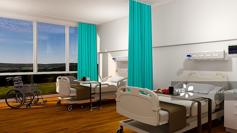 有床的病房。空床和轮椅护理诊所或医院。3d渲染房间和舒适。现代医院，保健理念。图片素材