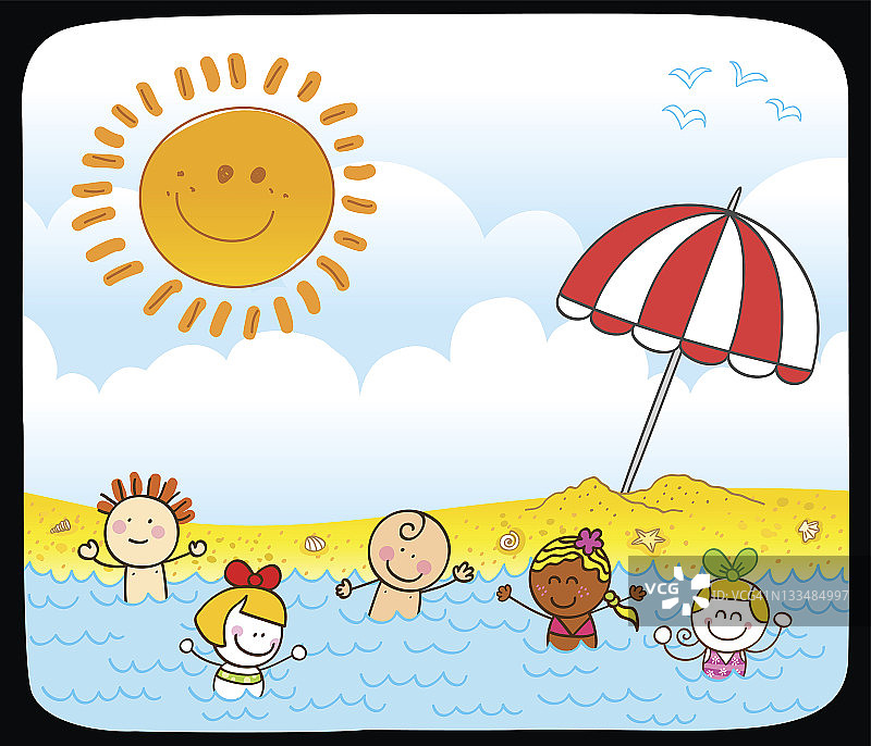 快乐的夏天，孩子们在海上游泳卡通插图图片素材