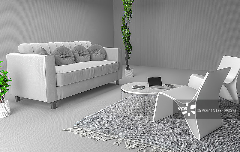 3d渲染的家庭内部与桌子，沙发，地毯和桌子与电脑，手机和记事本，白色和未来的概念图片素材