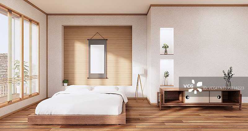 白色卧室日式设计的热带房间室内和榻榻米地板。三维渲染图片素材