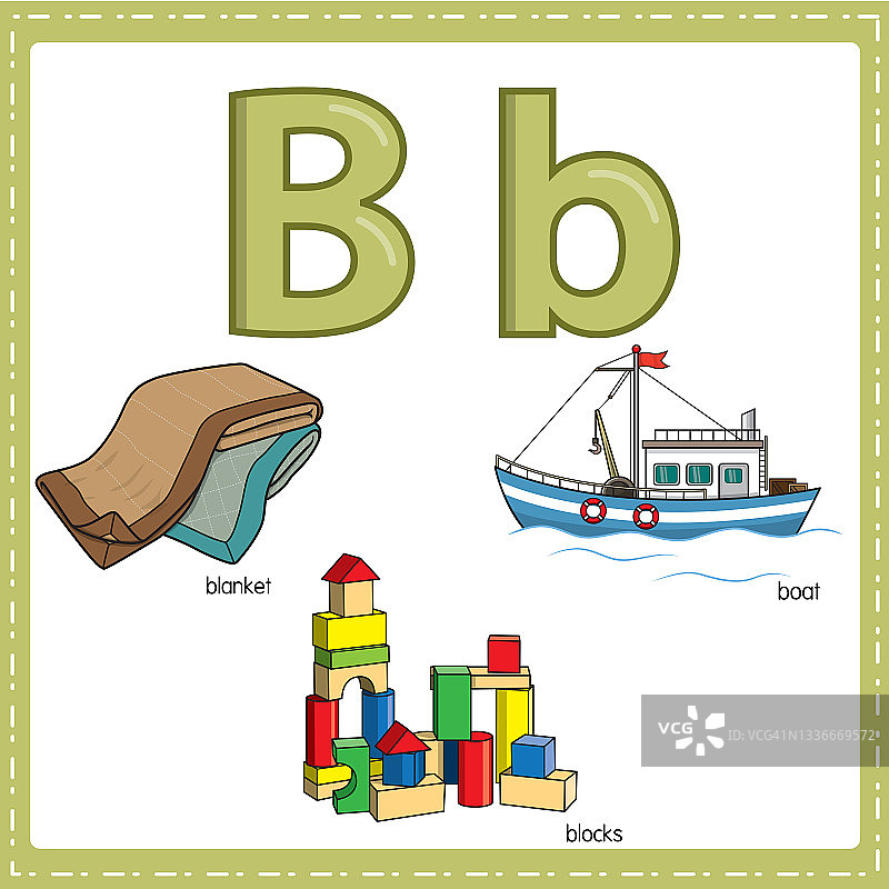 向量插图学习字母B的小写和大写的儿童与3卡通图像。毯子块船。图片素材