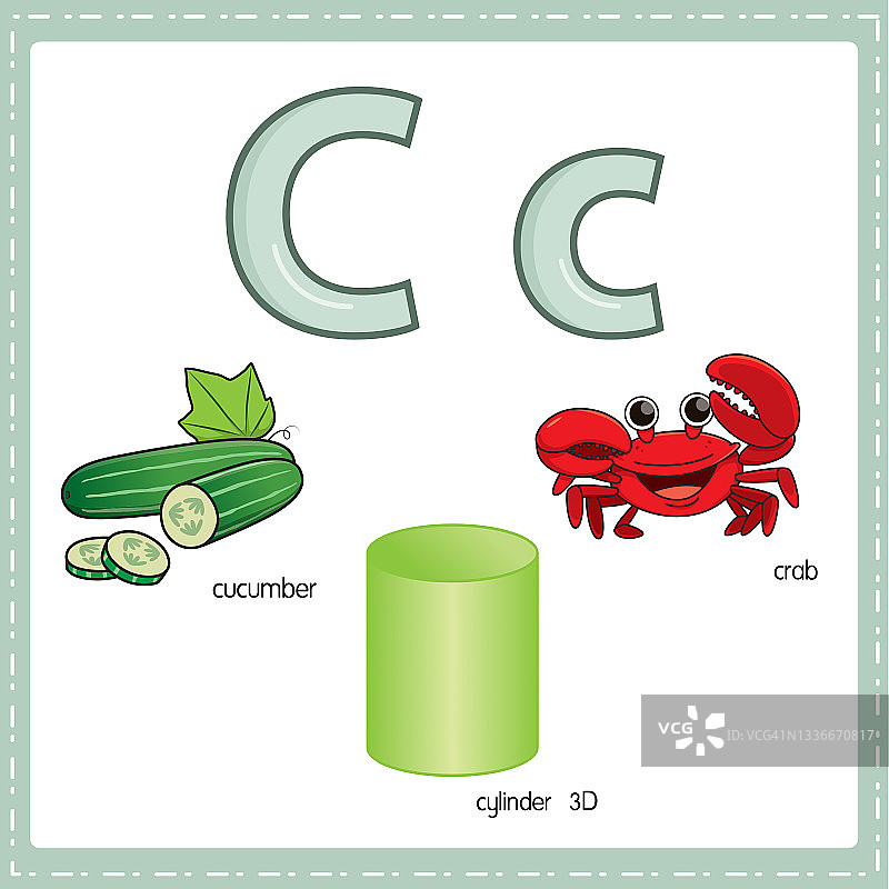 向量插图学习字母C的小写和大写的儿童与3卡通图像。黄瓜圆筒3D螃蟹。图片素材