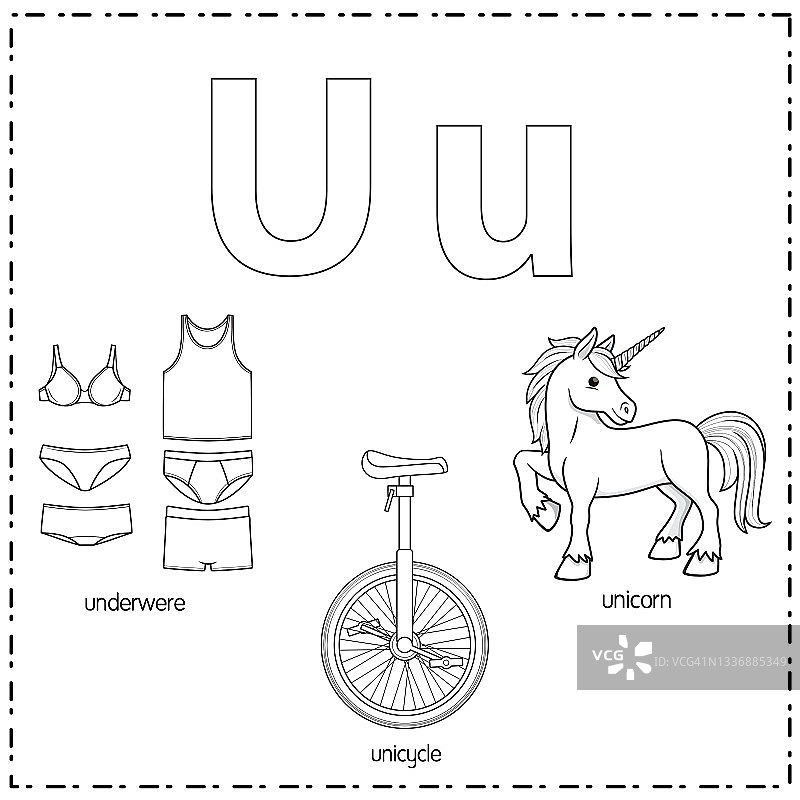 向量插图学习字母U的小写和大写的儿童与3卡通图像。内衣独轮车独角兽。图片素材