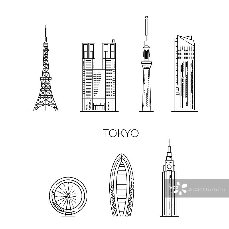 东京地标和文化特征的平面图标集合向量插图图片素材