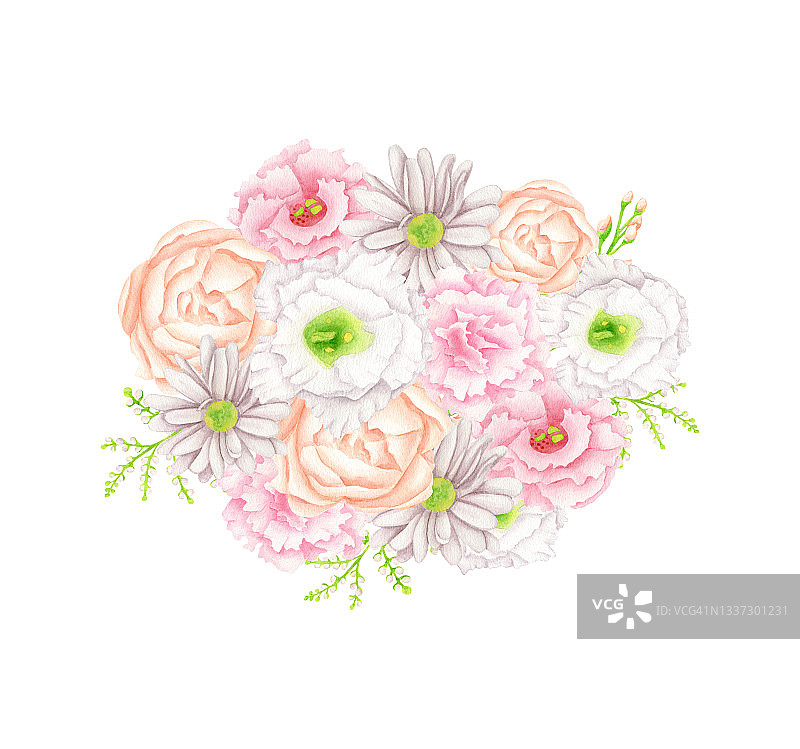 水彩花束插图。手绘波西米亚花安排孤立在白色背景。优雅的腮红，白色和粉红色的花朵头与叶子的婚礼请柬，卡片。图片素材
