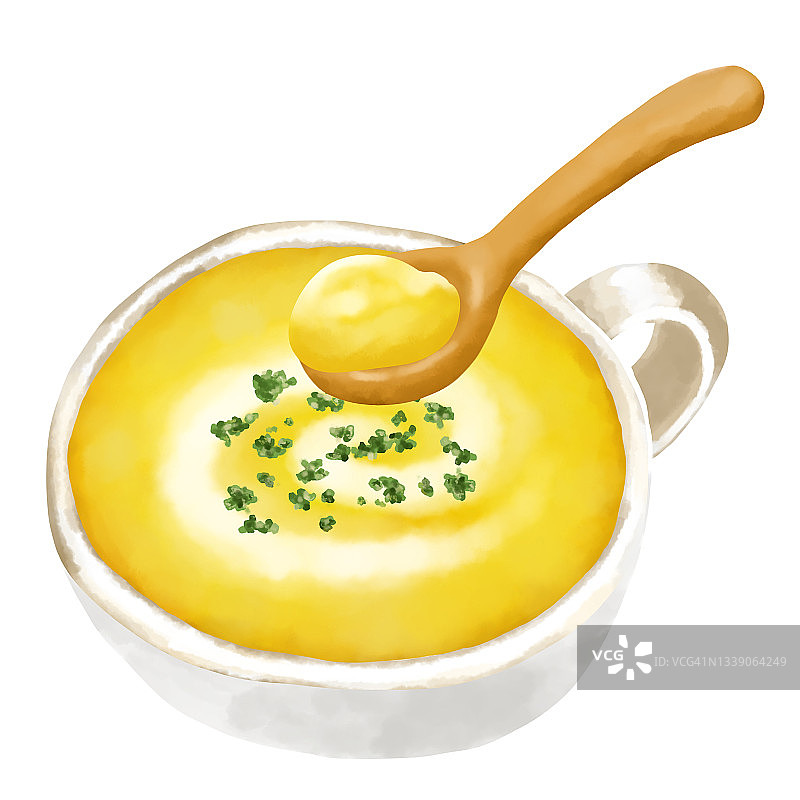 水彩插图纹理玉米汤(玉米汤汁)和木勺图片素材