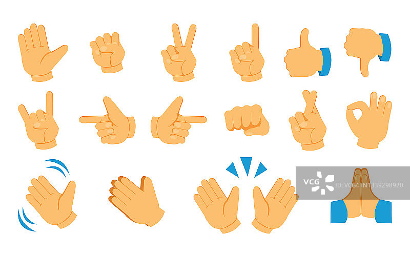 表情符号。社交媒体手势图标。竖起大拇指，挥动手臂。拳头胜利的迹象。张开手掌和手指表情集合。矢量网络通信图形符号集图片素材
