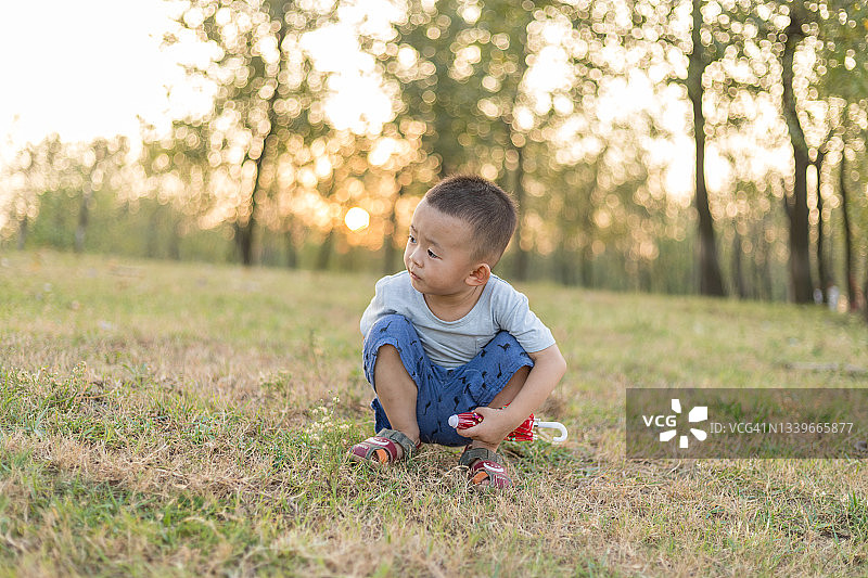 两岁的中国男孩在草坪上玩耍图片素材