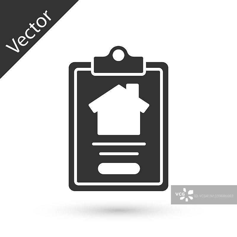 灰色的房子合同图标孤立在白色的背景。合同创建服务，文件形成，申请表格组成。向量图片素材