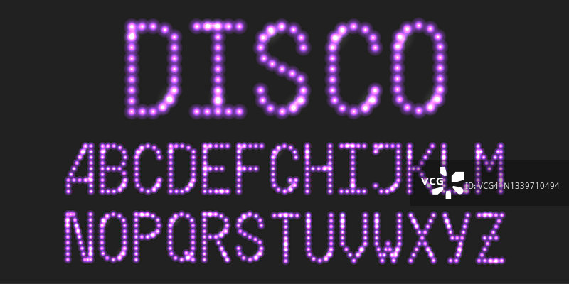 带有紫色霓虹灯的LED字体。光点字母，数字字母在现代迪斯科风格。矢量图图片素材