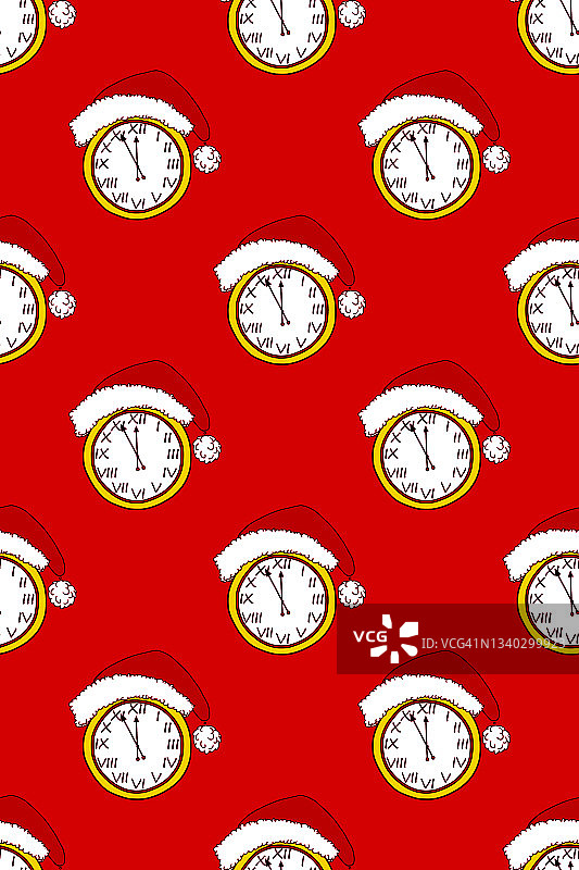 这款复古手表的表盘设定在除夕的12点。圣诞钟上戴着圣诞老人的帽子或帽子，背景是红色的。分针是在新年前五分钟设置的。无缝模式。节日包装纸模板。图片素材
