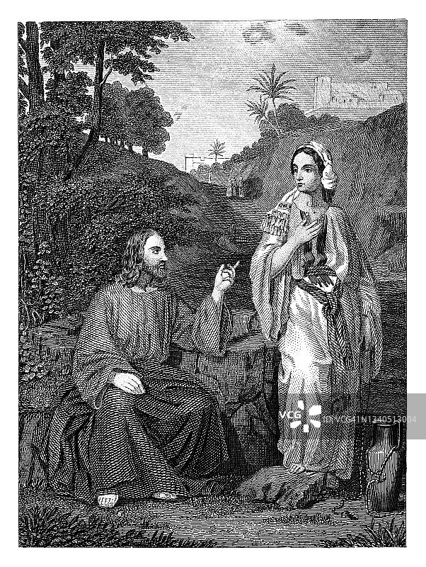 基督和撒玛利亚女子的古老雕刻插图图片素材